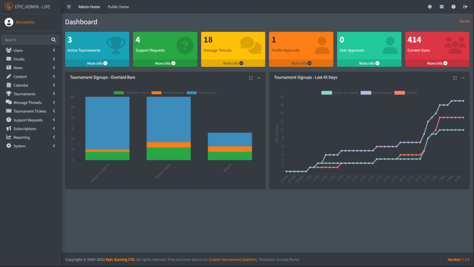 epic tournament dashboard